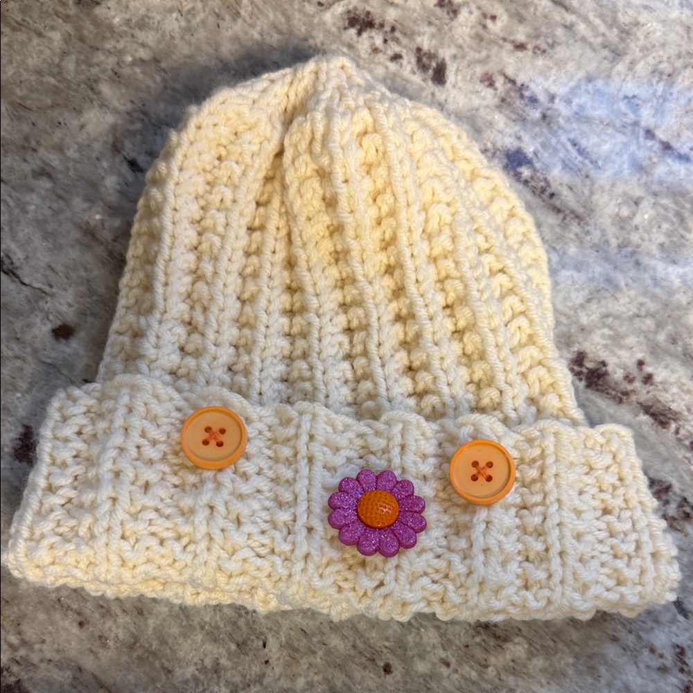 Cozy Cream Knit Kids Hat with Orange Accents